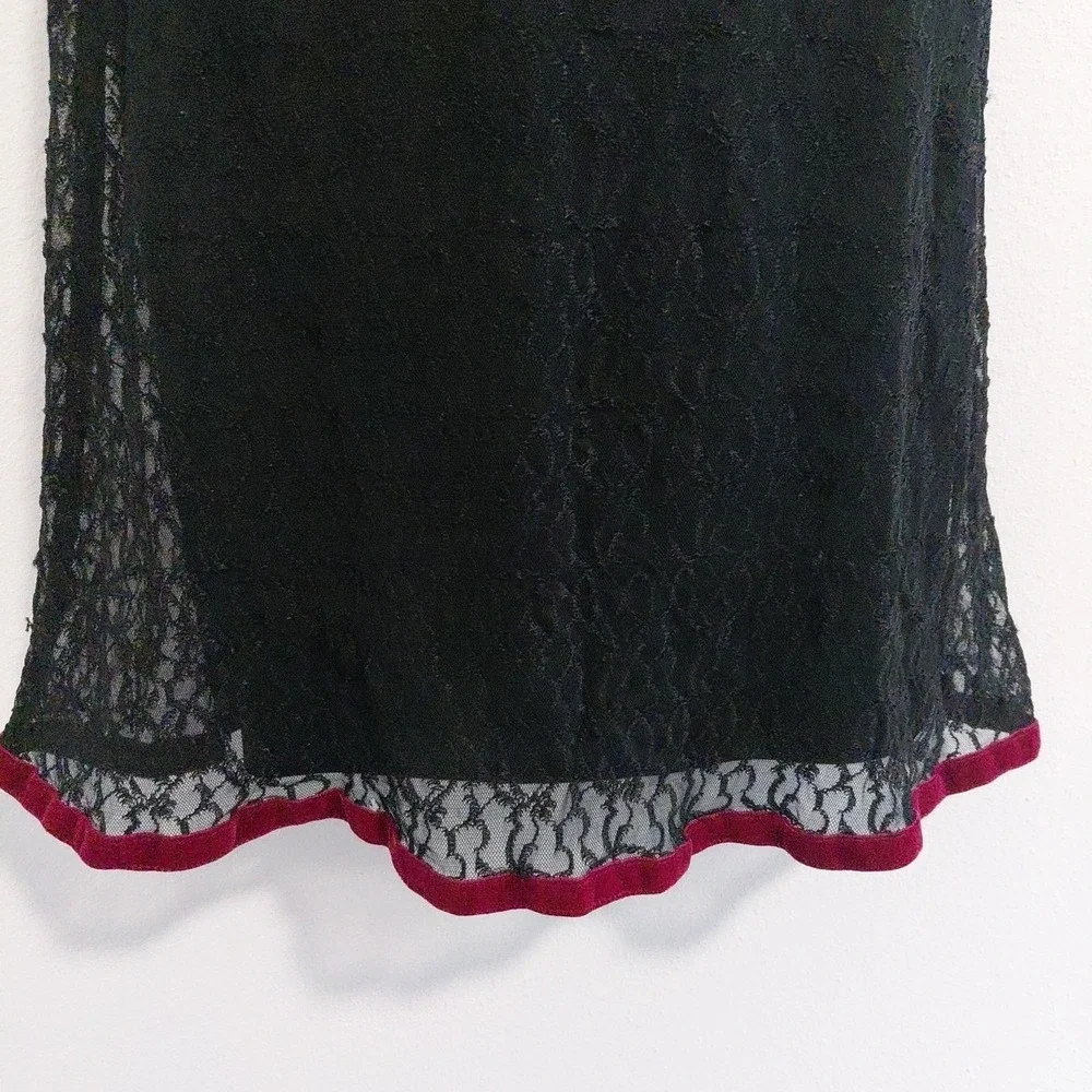 VTG Betsey Johnson Slip Dress Black Lace Rose Ditsy Neckline Velvet Trim Large - Picture 4 of 16